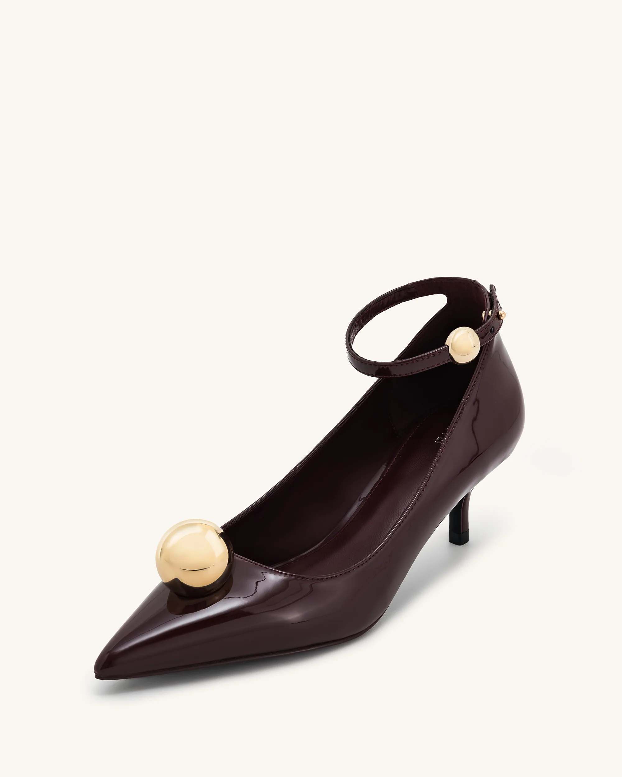 Jewel Buckle Kitten Heels Pumps - Claret Red - Image 5